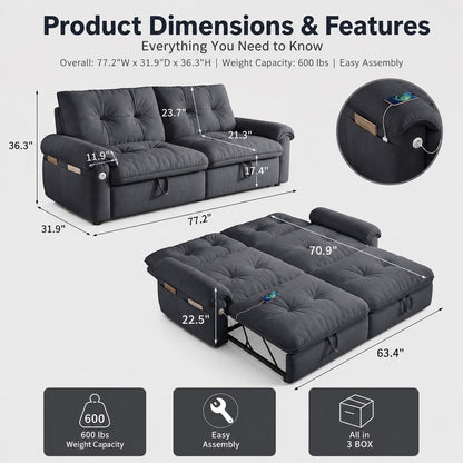 Queen Sleeper Sofa Bed, 77" Pull Out Couch