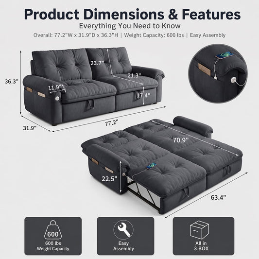 Queen Sleeper Sofa Bed, 77" Pull Out Couch
