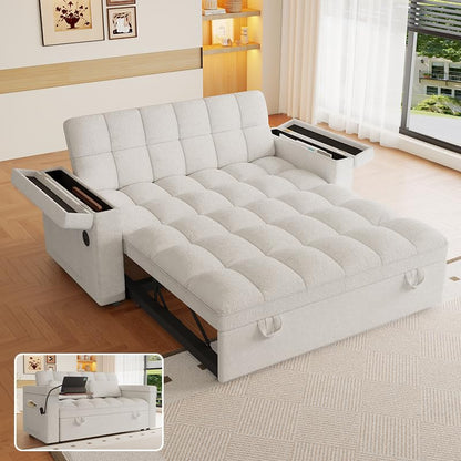 KEIKI 65" 3-in-1 Pull-Out Sofa Bed, Compact Convertible Sleeper Couch with Rotating Side Table, USB Charging Ports, Storage Armrests & Adjustable Comfort for Guests & Small Living Rooms