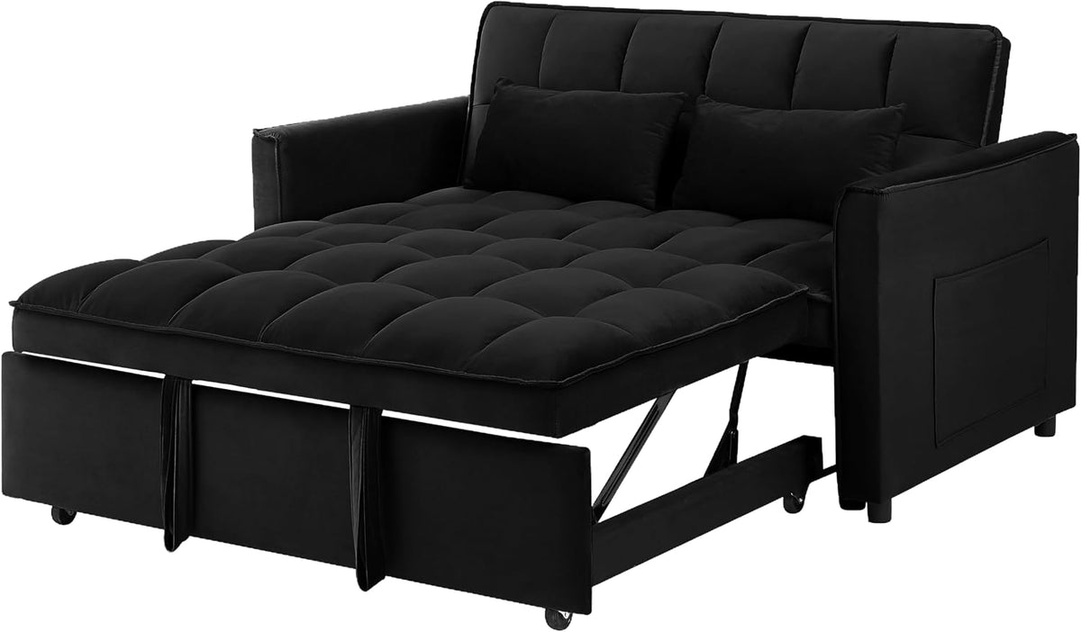 3 in 1 Convertible Sleeper Sofa Bed, 54'' Full Size Velvet Pull Out Futon Couch Recliner with Reclining Backrest & 2 Pillows, Small Loveseat Lounge Couches for Small Spaces (Black)