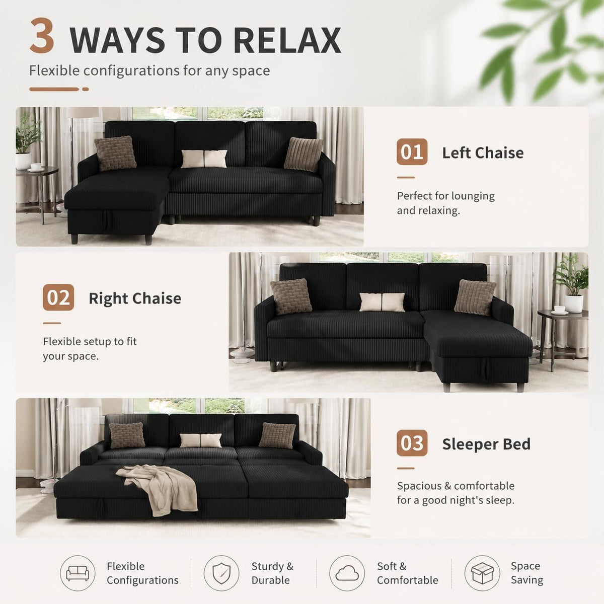 Walsunny 77 Inch Sectional Sleeper Sofa with Pull Out Bed, Modern L-Shaped Corduroy Convertible Couch with Storage Chaise, Reversible Sofa Bed for Small Spaces, Apartment, Black