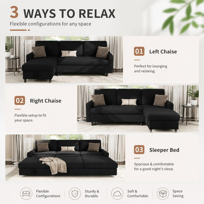 Walsunny 77 Inch Sectional Sleeper Sofa with Pull Out Bed, Modern L-Shaped Corduroy Convertible Couch with Storage Chaise, Reversible Sofa Bed for Small Spaces, Apartment, Black