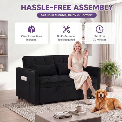 3 in 1 Convertible Sleeper Sofa Bed, 54'' Full Size Velvet Pull Out Futon Couch Recliner with Reclining Backrest & 2 Pillows, Small Loveseat Lounge Couches for Small Spaces (Black)
