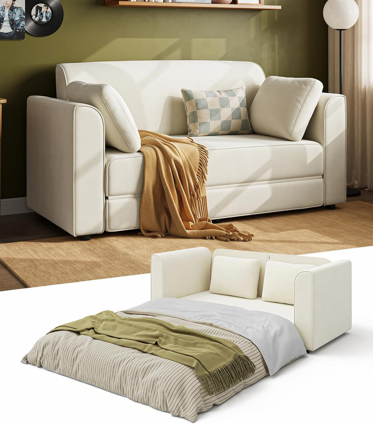 Loveseat Sleeper Sofa Bed 65" Convertible Couch Bed White