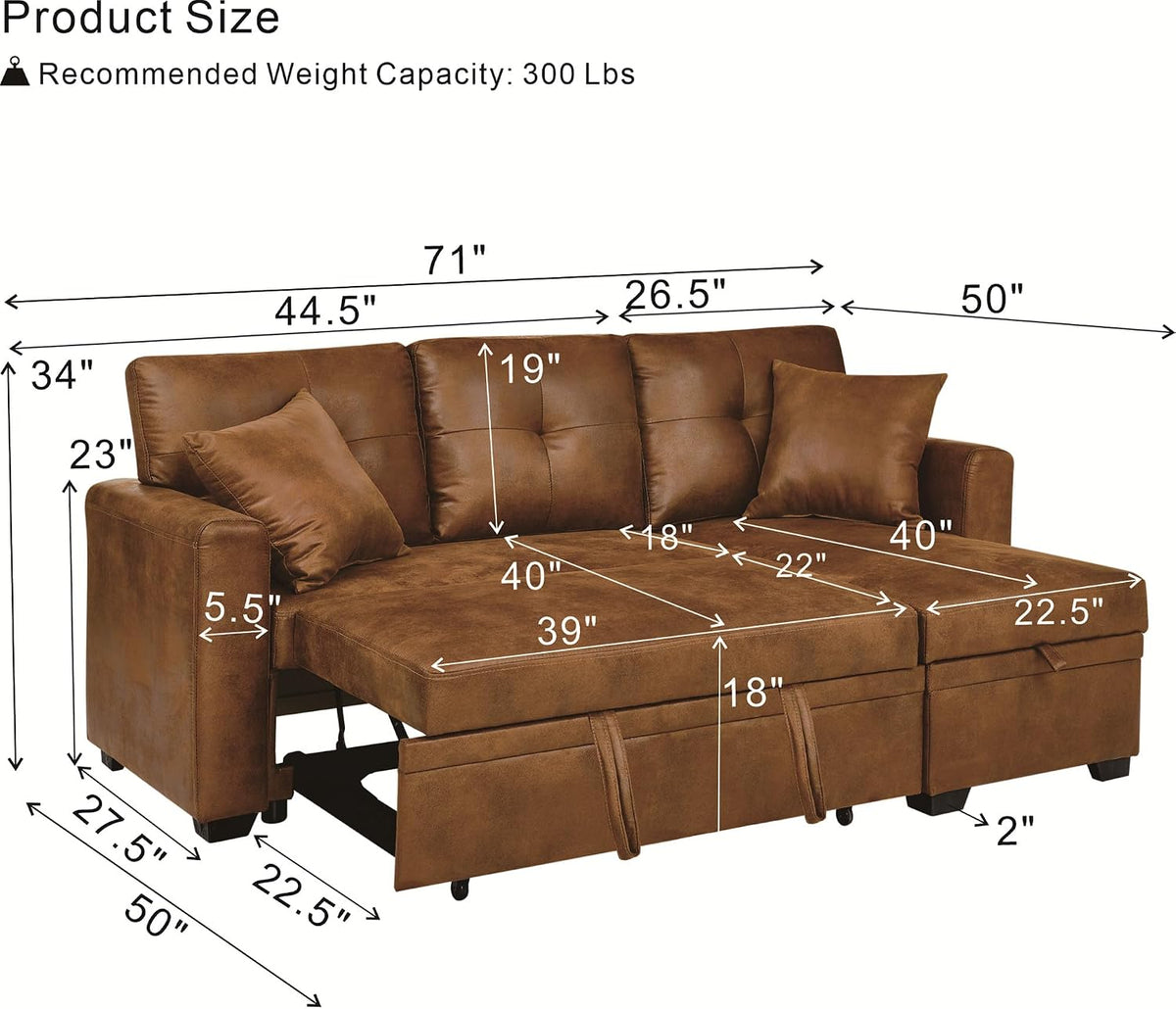 L-Shaped Pull Out Sofa Bed with Storage, 3-Seater Reversible Chaise Sleeper Couch for Small Spaces & Living Room