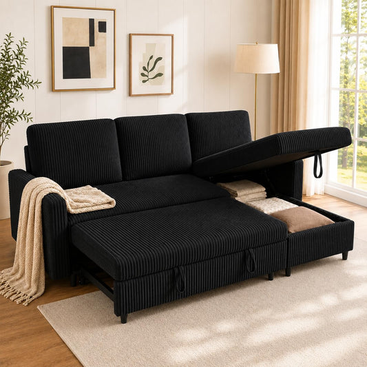 Walsunny 77 Inch Sectional Sleeper Sofa with Pull Out Bed, Modern L-Shaped Corduroy Convertible Couch with Storage Chaise, Reversible Sofa Bed for Small Spaces, Apartment, Black