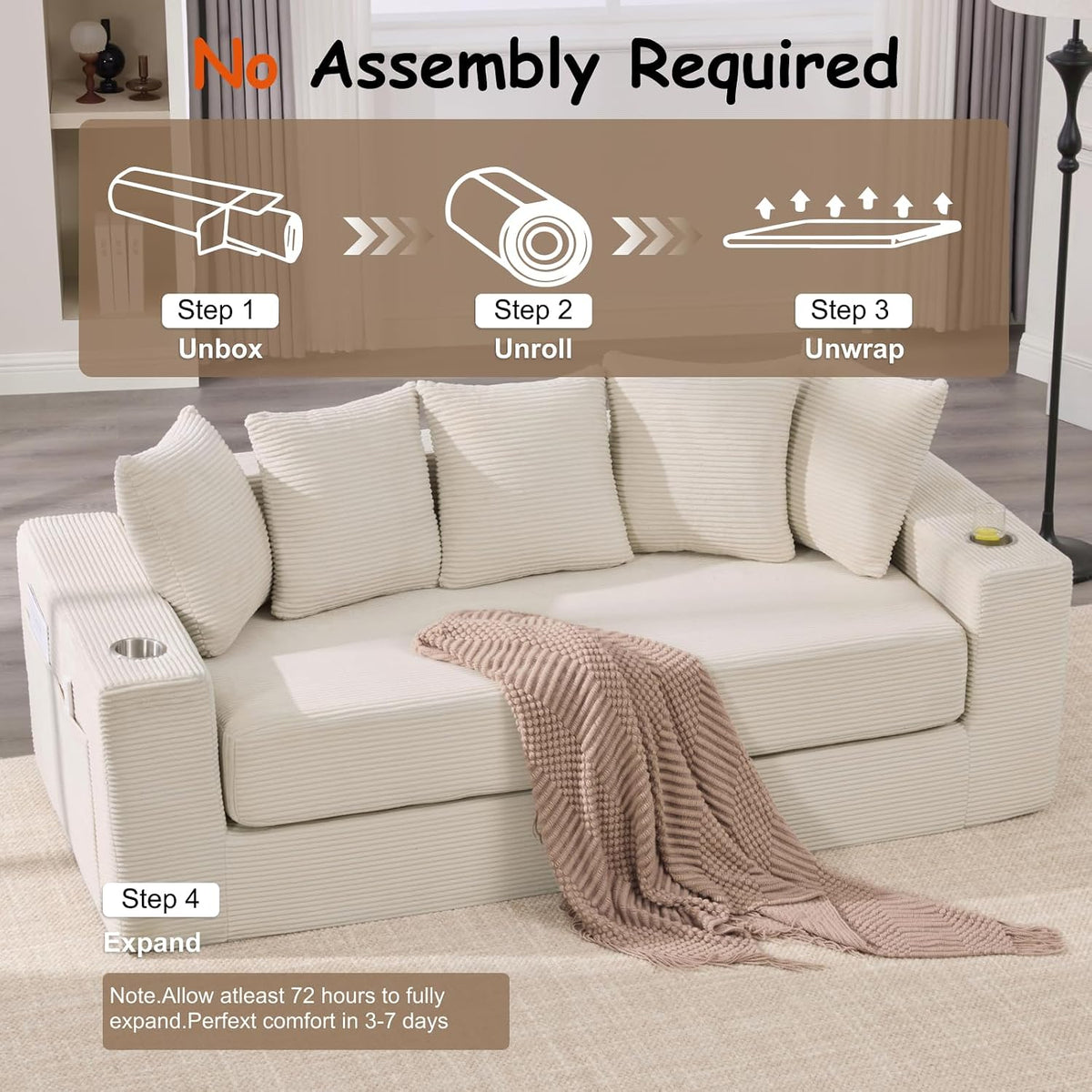 76" Convertible Sofa Bed, Corduroy Boneless Couch with Cup Holders & Pocket
