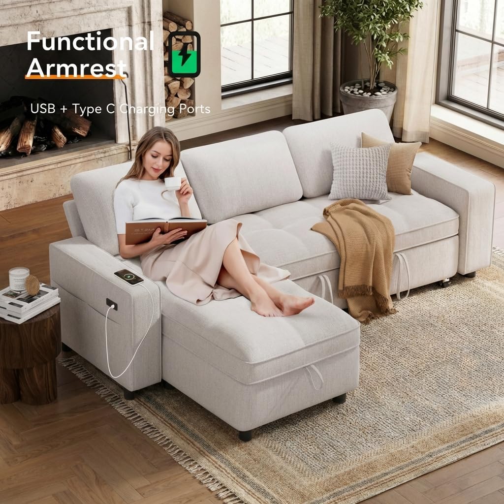 WEUP 81" Modular Sectional Sleeper Sofa Bed, Chenille L-Shaped Couch Bed with Adjustable Backrest, Pull Out Couch with Reversible Chaise Storage, USB Charging & Tool-Free Assembly, Beige