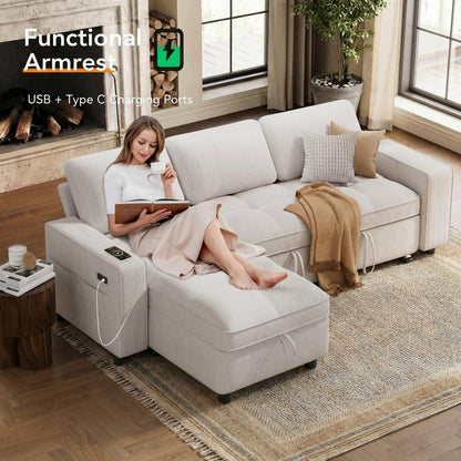 WEUP 81" Modular Sectional Sleeper Sofa Bed, Chenille L-Shaped Couch Bed with Adjustable Backrest, Pull Out Couch with Reversible Chaise Storage, USB Charging & Tool-Free Assembly, Beige