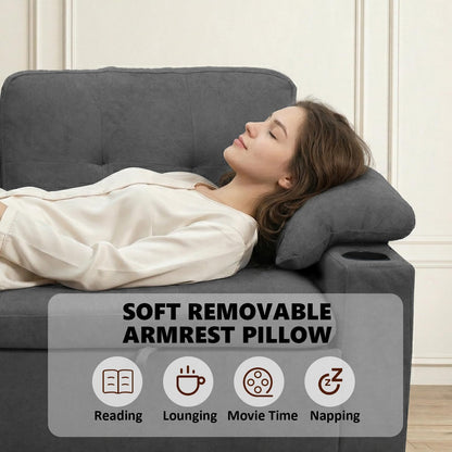 93" L Shaped Sleeper Sofa Bed, Pull Out Sectional Couch with Storage Chaise/Reclining Backrest, Sectional Couches for Living Room with USB Port, Foldable Table, Cup Holder, Side Pocket, Light Grey