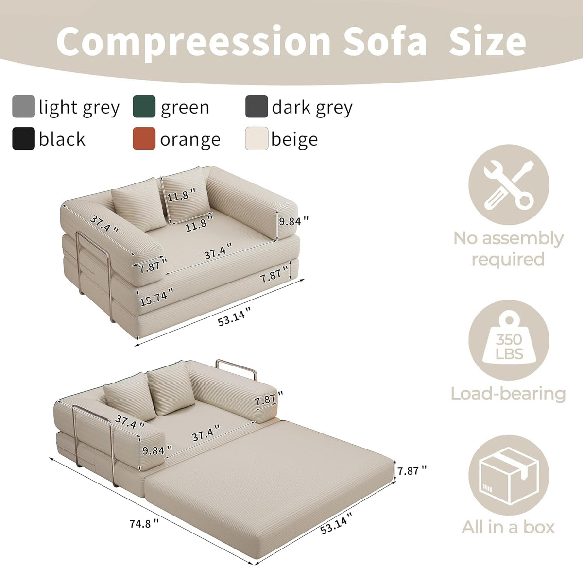 BSHOMGI 4 in 1 Convertible Sofas Boneless Couches, Modern Corduroy Futon Bed, Modular Sofa with Pull-Out Bed, LoveSeat for Living Room, Small Space Apartment (Beige, 53.15" Double Sofa)