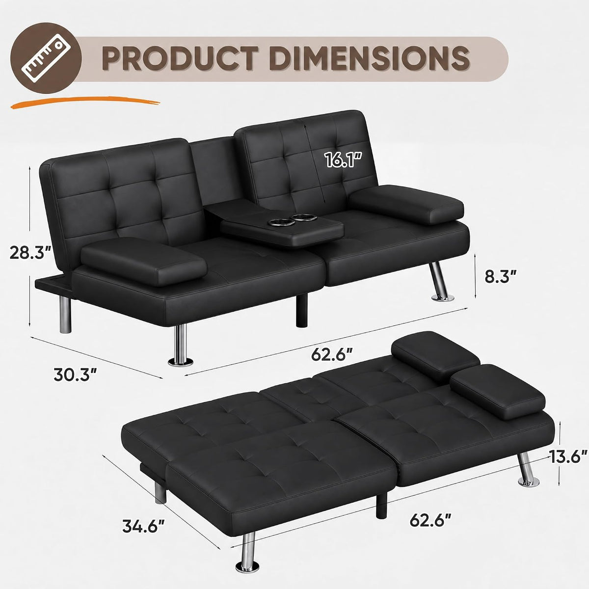 Flamaker Futon Sofa Bed, Black Faux Leather Convertible Loveseat Couch