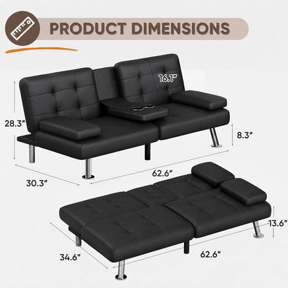 Flamaker Futon Sofa Bed, Black Faux Leather Convertible Loveseat Couch