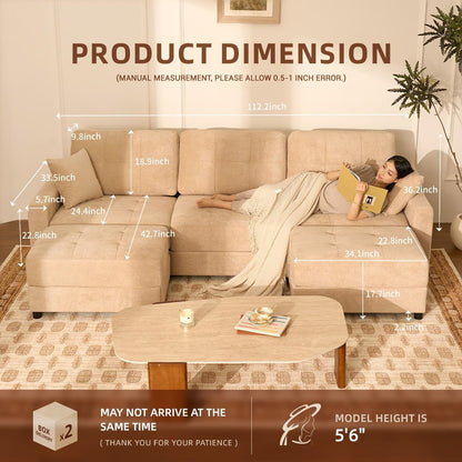 112" U Shaped Modular Cloud Sectional Couch, Waffle Fabric, Oatmeal Beige