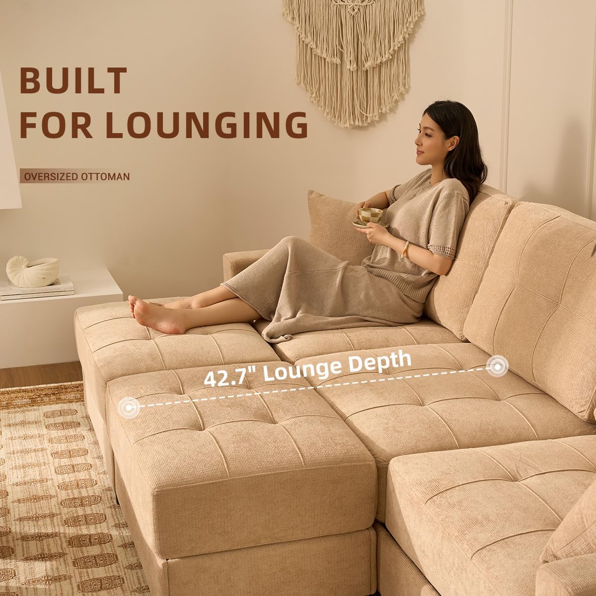 112" U Shaped Modular Cloud Sectional Couch, Waffle Fabric, Oatmeal Beige