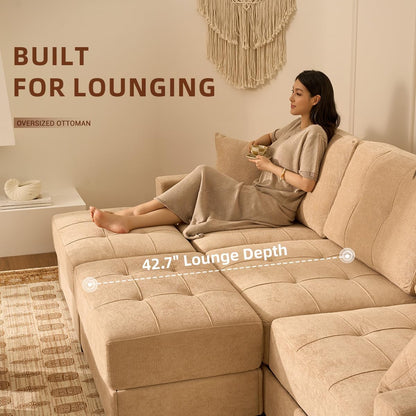112" U Shaped Modular Cloud Sectional Couch, Waffle Fabric, Oatmeal Beige