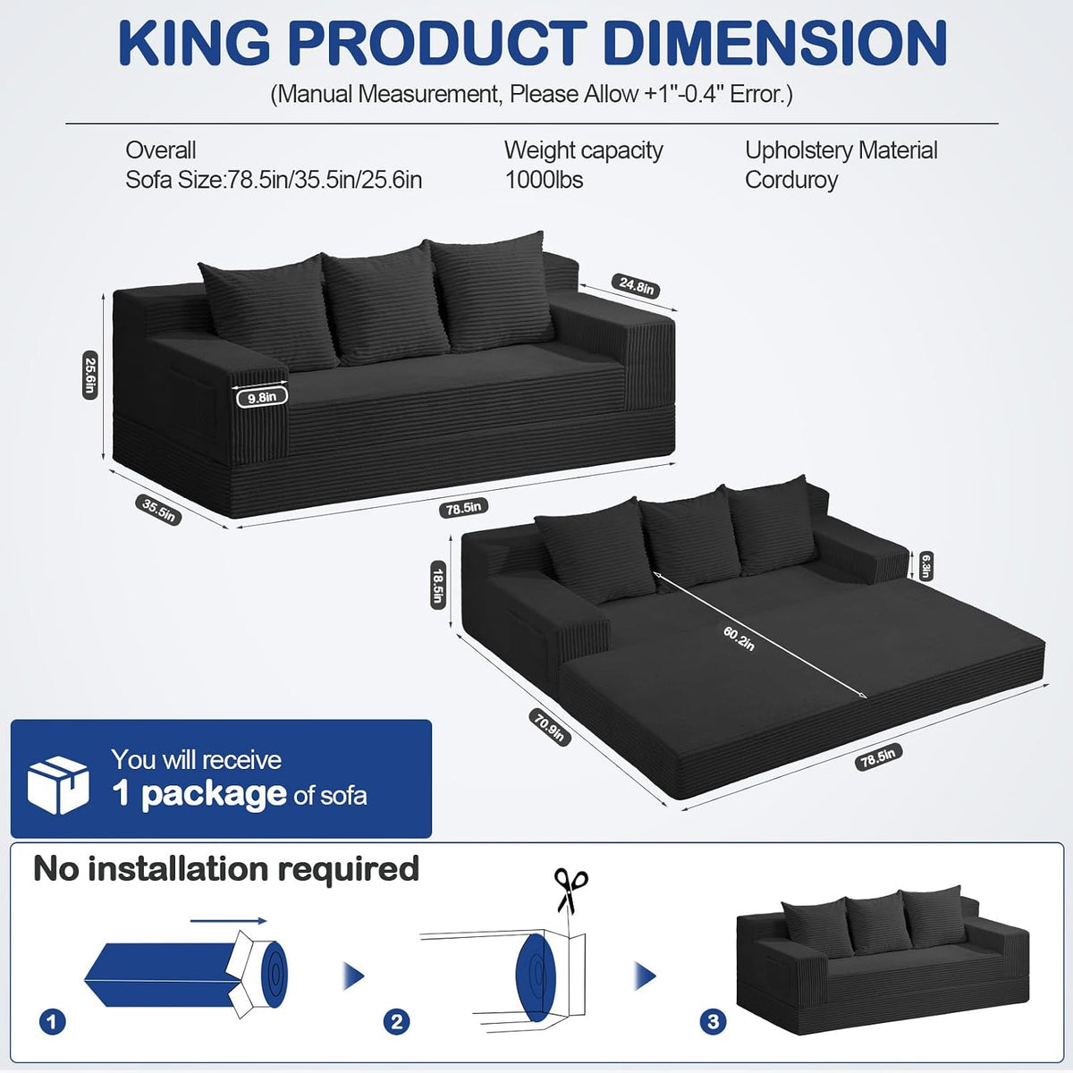 2 in 1 Convertible Boneless Couch Bed, Corduroy futon Sofa Bed, Compression Folding Floor Couch Sofas Bed with 3 Pillows for Bedroom, Small Space Guest and Living Room Sofa (Black, 78 Inches)