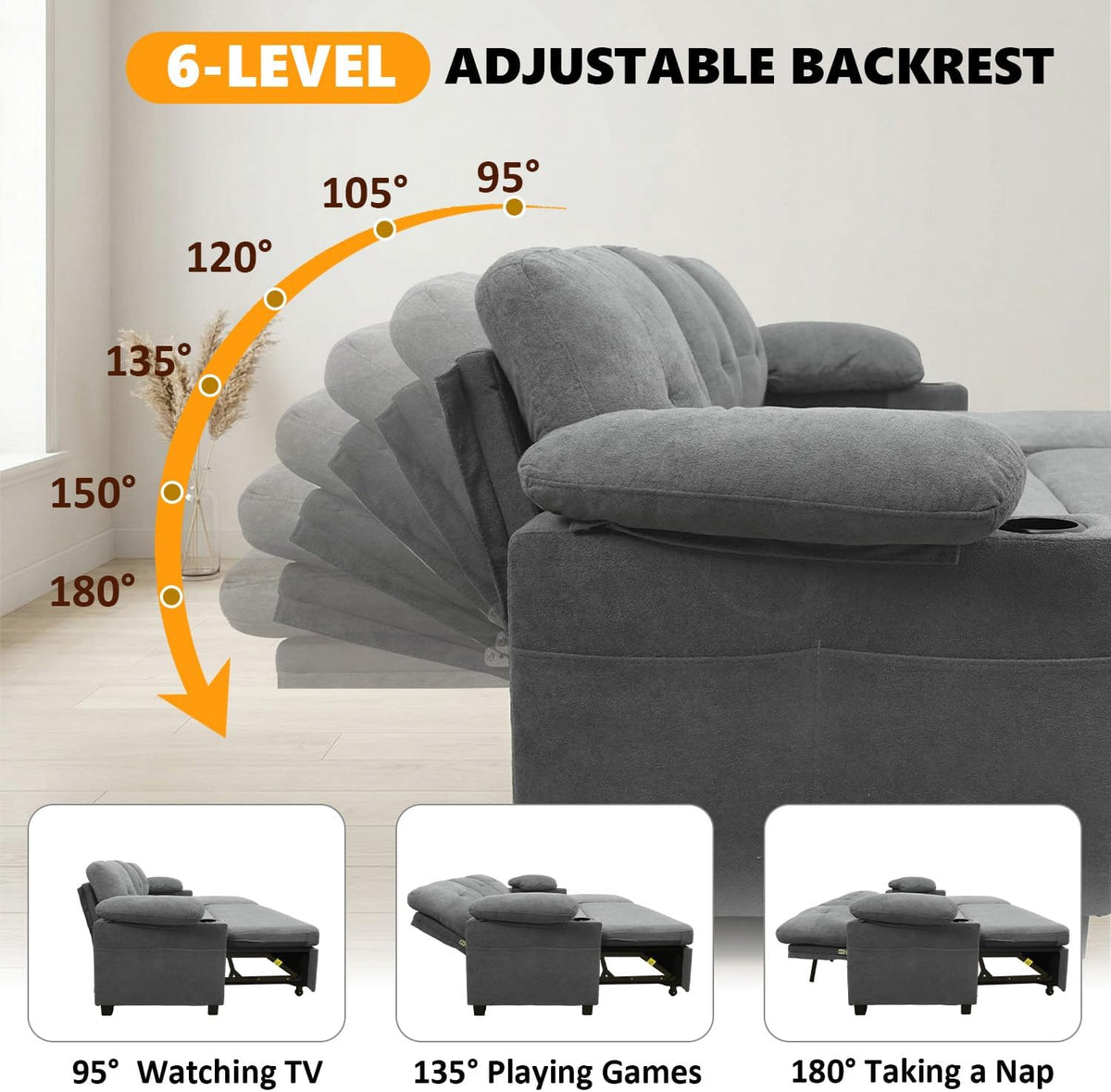 93" L Shaped Sleeper Sofa Bed, Pull Out Sectional Couch with Storage Chaise/Reclining Backrest, Sectional Couches for Living Room with USB Port, Foldable Table, Cup Holder, Side Pocket, Light Grey