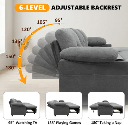 93" L Shaped Sleeper Sofa Bed, Pull Out Sectional Couch with Storage Chaise/Reclining Backrest, Sectional Couches for Living Room with USB Port, Foldable Table, Cup Holder, Side Pocket, Light Grey
