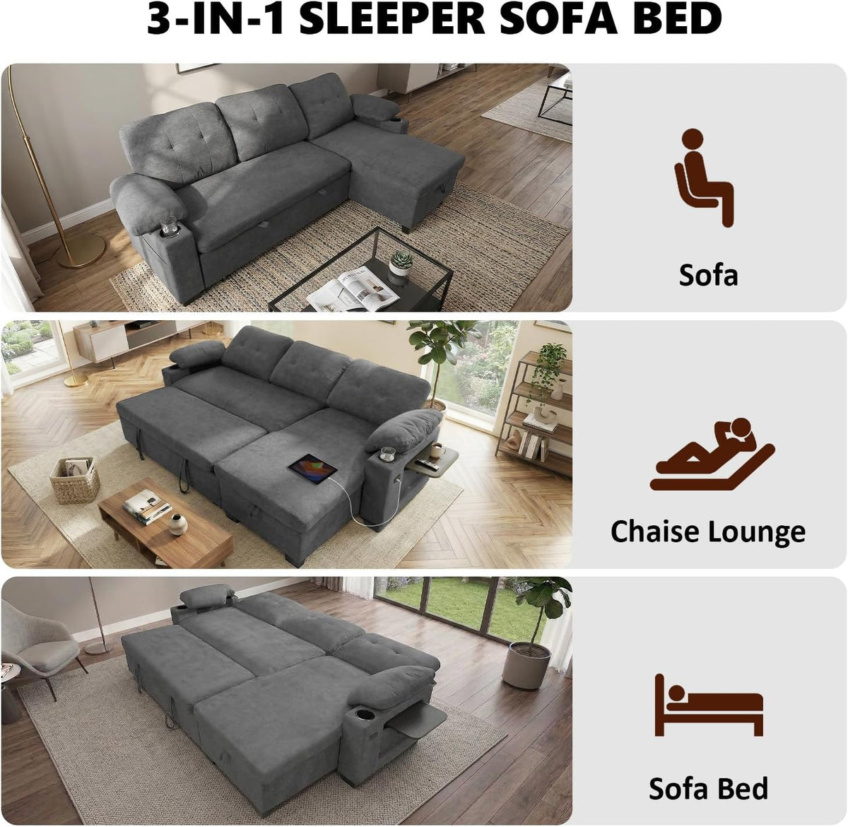 93" L Shaped Sleeper Sofa Bed, Pull Out Sectional Couch with Storage Chaise/Reclining Backrest, Sectional Couches for Living Room with USB Port, Foldable Table, Cup Holder, Side Pocket, Light Grey