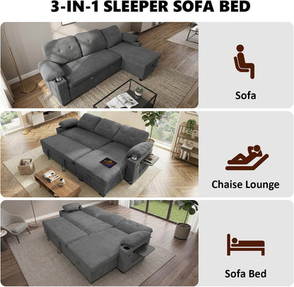 93" L Shaped Sleeper Sofa Bed, Pull Out Sectional Couch with Storage Chaise/Reclining Backrest, Sectional Couches for Living Room with USB Port, Foldable Table, Cup Holder, Side Pocket, Light Grey