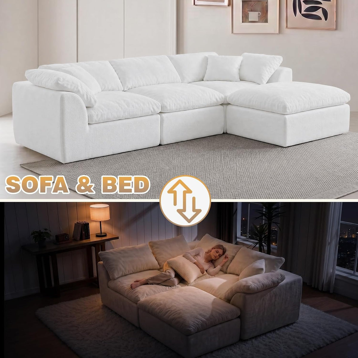 110" Boneless Cloud Couch Sectional for Living Room, Oversized Modular L Shaped Sofa with Ottoman, Deep Seat Chenille Sectional Couch for Cloud-Like Comfort (Pearl White)