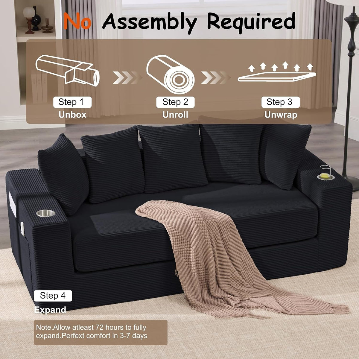 76" Convertible Sofa Bed, Corduroy Boneless Couch with Cup Holders & Pocket