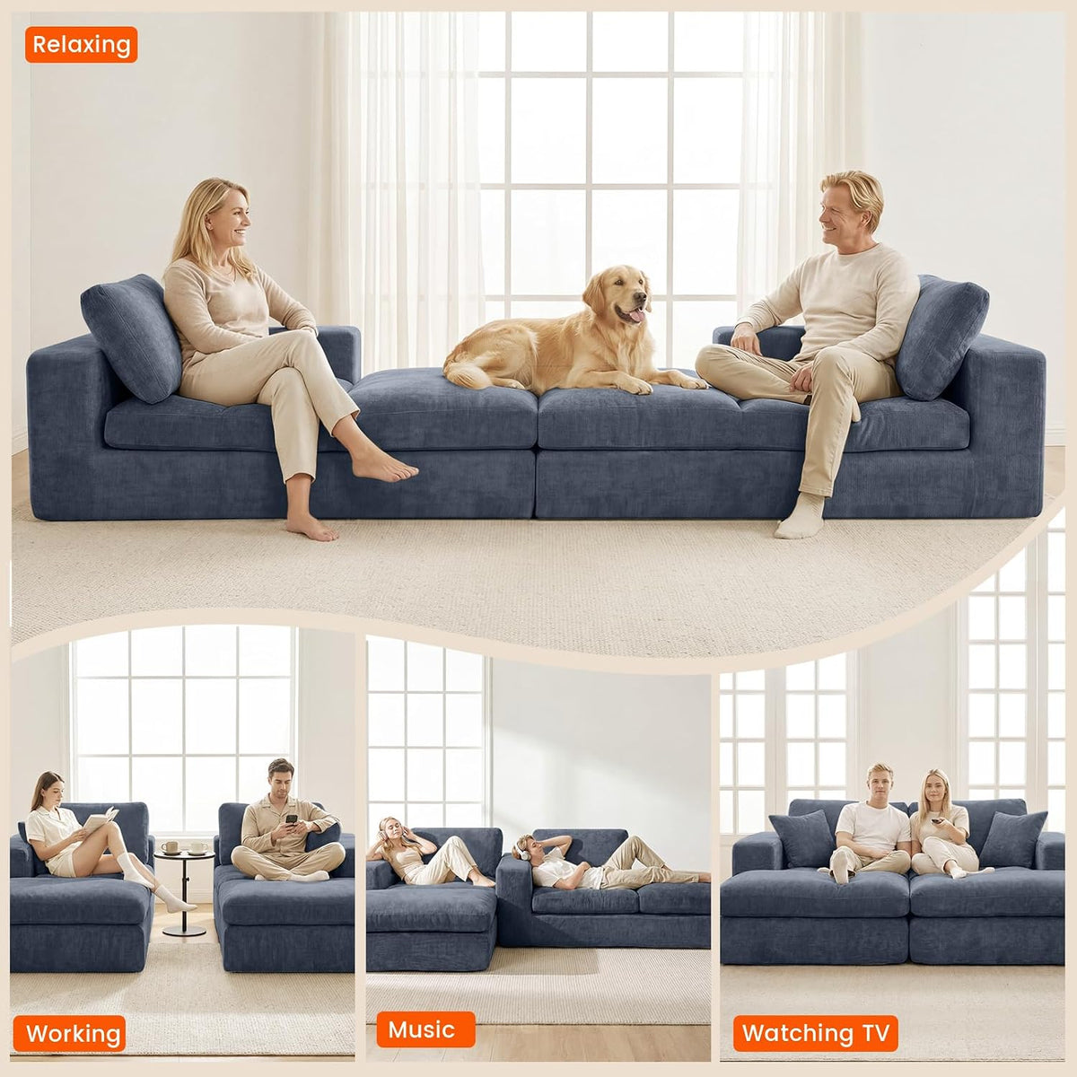 81" Modular Sectional Sofa Bed, Boneless Cloud Loveseat Couch,Blue