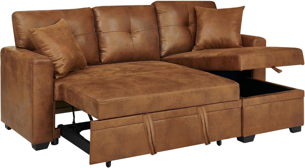 L-Shaped Pull Out Sofa Bed with Storage, 3-Seater Reversible Chaise Sleeper Couch for Small Spaces & Living Room