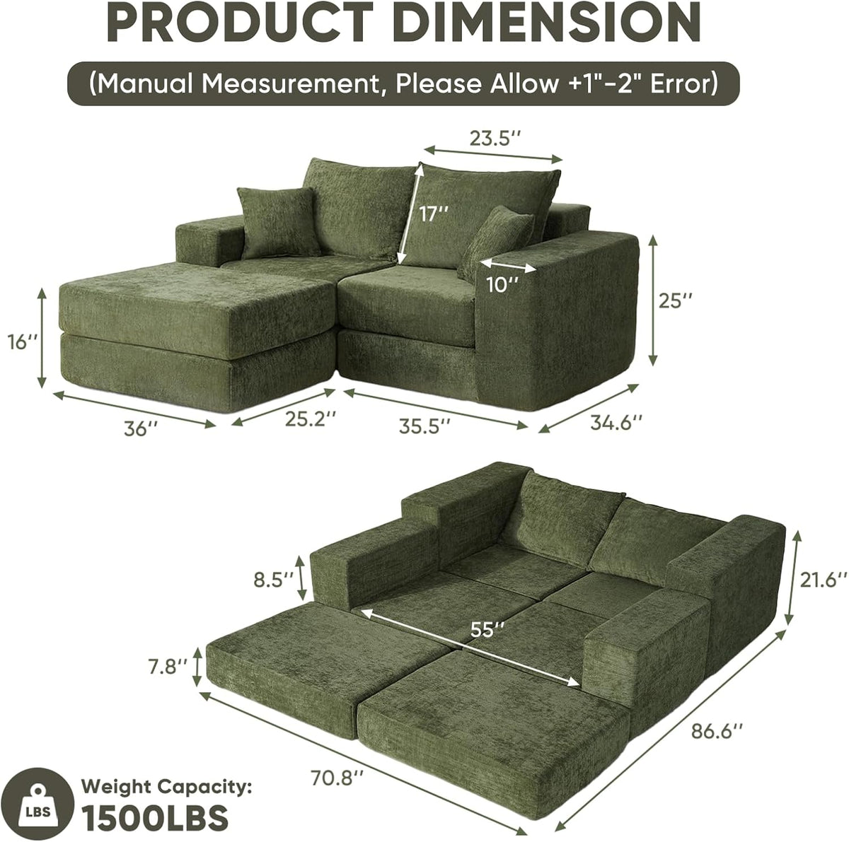 Modular Sectional Sofa with Convertible Sleeper, 2-in-1 Sofa Bed Couch