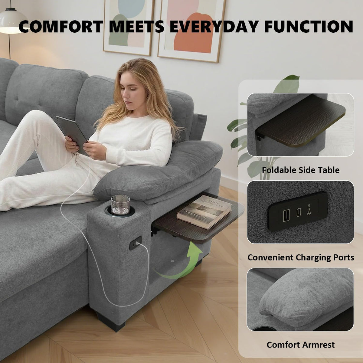 93" L Shaped Sleeper Sofa Bed, Pull Out Sectional Couch with Storage Chaise/Reclining Backrest, Sectional Couches for Living Room with USB Port, Foldable Table, Cup Holder, Side Pocket, Light Grey