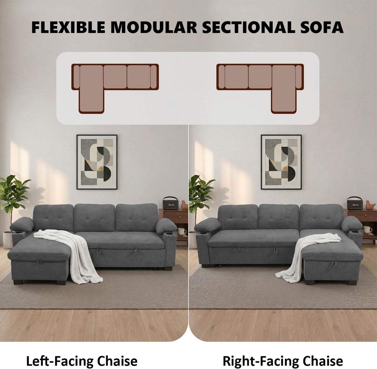 93" L Shaped Sleeper Sofa Bed, Pull Out Sectional Couch with Storage Chaise/Reclining Backrest, Sectional Couches for Living Room with USB Port, Foldable Table, Cup Holder, Side Pocket, Light Grey