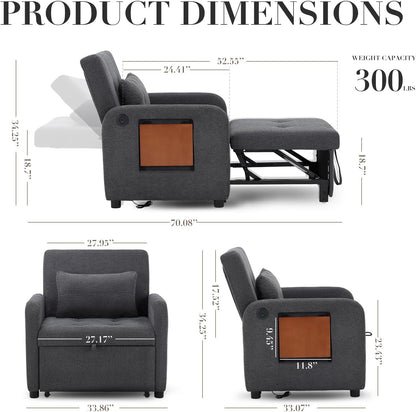 MALOL Convertible Chair-Fabric Sofa Bed, Single Sleeper Sofa, Dark Grey