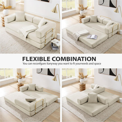 4-in-1 Folding Convertible Sofa Bed, 78 Inch Boneless Couch with Fixed-Shape Frame, Corduroy Loveseat Sleeper with Pull Out Bed, Floor Sofa Modular Futon Couch for Living Room Bedroom Lounge (Beige)