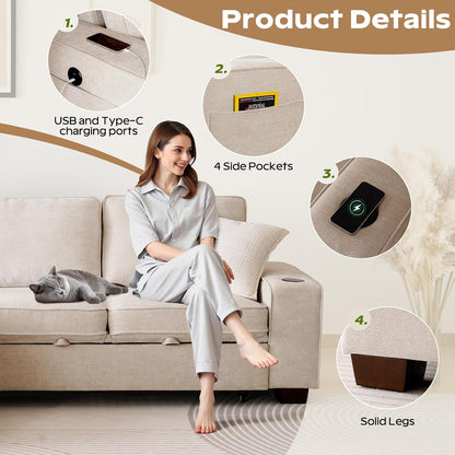 99" Convertible Sleeper Sofa Bed,L Shaped with Storage Chaise Pull Out Couch for Living Room,USB and Type-C,Removable Washable Chenille Covers (Beige)