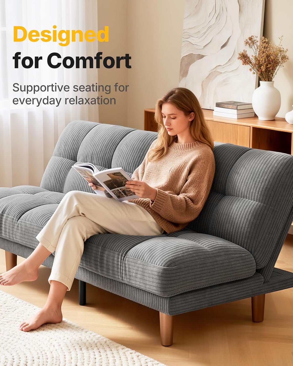 Amada 70-Inch Convertible Futon Sofa Bed with Adjustable Backrest, Gray