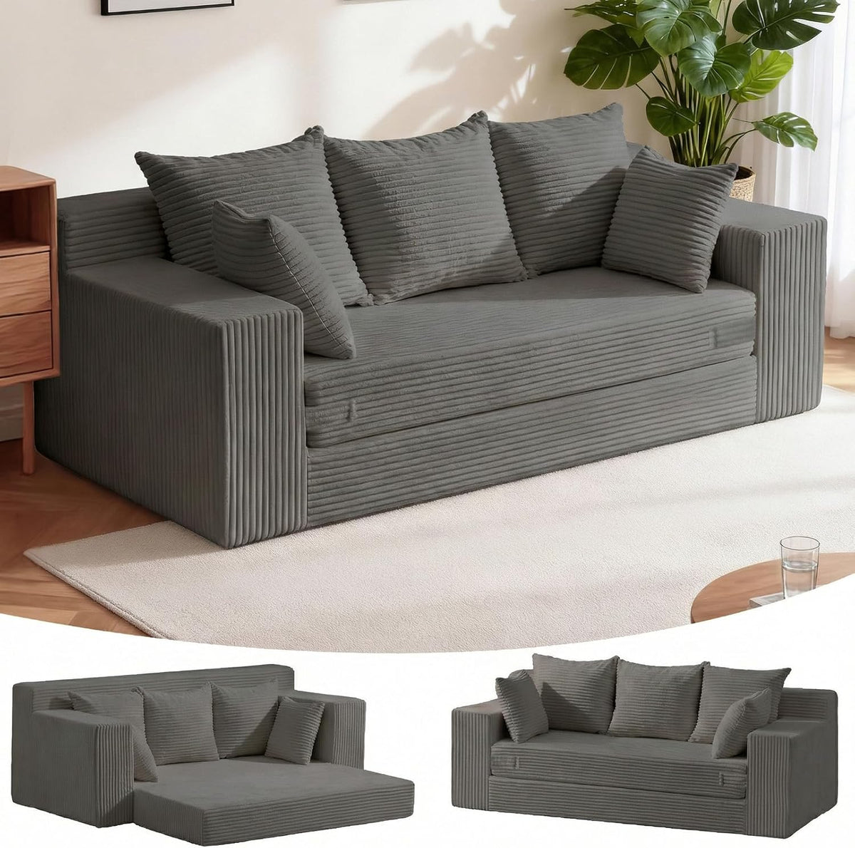 Boneless Couches 70 inch, 3 Seater Boneless Couch with Futon Couch Corduroy Boneless Couch with 5 Pillows, Gray Sofa for Living Room & Bedroom