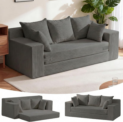Boneless Couches 70 inch, 3 Seater Boneless Couch with Futon Couch Corduroy Boneless Couch with 5 Pillows, Gray Sofa for Living Room & Bedroom