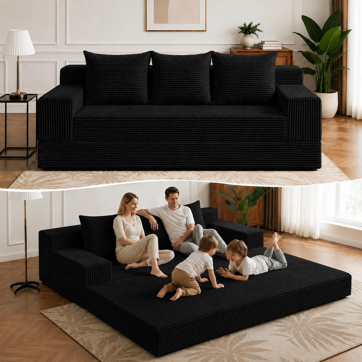 2 in 1 Convertible Boneless Couch Bed, Corduroy futon Sofa Bed, Compression Folding Floor Couch Sofas Bed with 3 Pillows for Bedroom, Small Space Guest and Living Room Sofa (Black, 78 Inches)