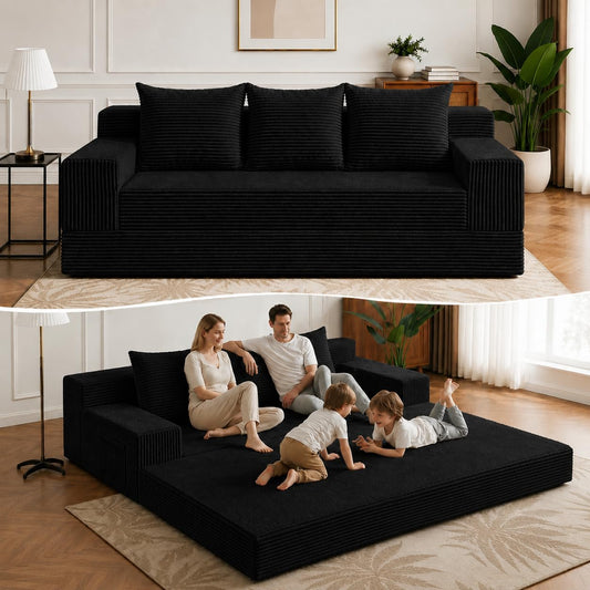 2 in 1 Convertible Boneless Couch Bed, Corduroy futon Sofa Bed, Compression Folding Floor Couch Sofas Bed with 3 Pillows for Bedroom, Small Space Guest and Living Room Sofa (Black, 78 Inches)
