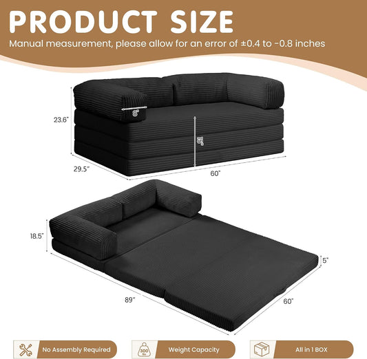 Convertible Sofa Bed Queen,5-in-1 Tri-Fold Boneless Couch with Removable Armrests & Handle,Corduroy Futon Sleeper Sofa,Floor Folding Mattress Pull Out Bed for Small Space Living Room Bedroom,Black