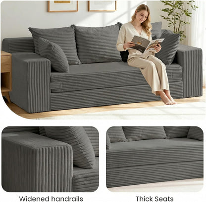 Boneless Couches 70 inch, 3 Seater Boneless Couch with Futon Couch Corduroy Boneless Couch with 5 Pillows, Gray Sofa for Living Room & Bedroom