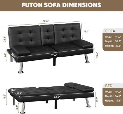 Homall Black Faux Leather Futon Sofa Bed, Loveseat with Adjustable Backrest