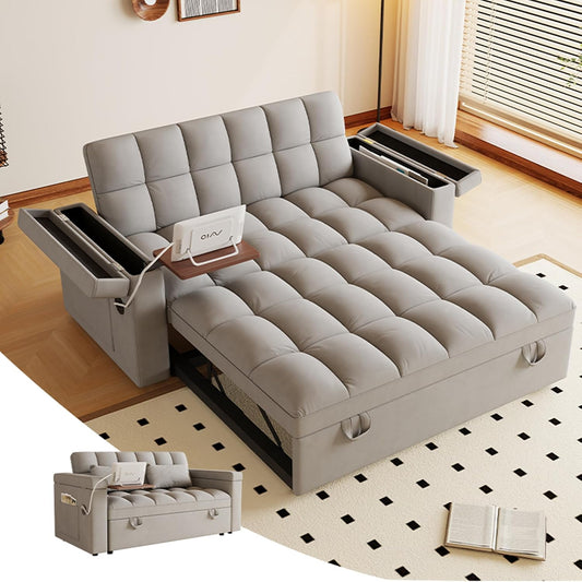 3-in-1 Convertible Pull Out Sofa Bed, 65" Loveseat Sleeper Sofas with Pullout Couch Bed with Adjustable Backrest, Side Table & Storage Armsfor Living Room