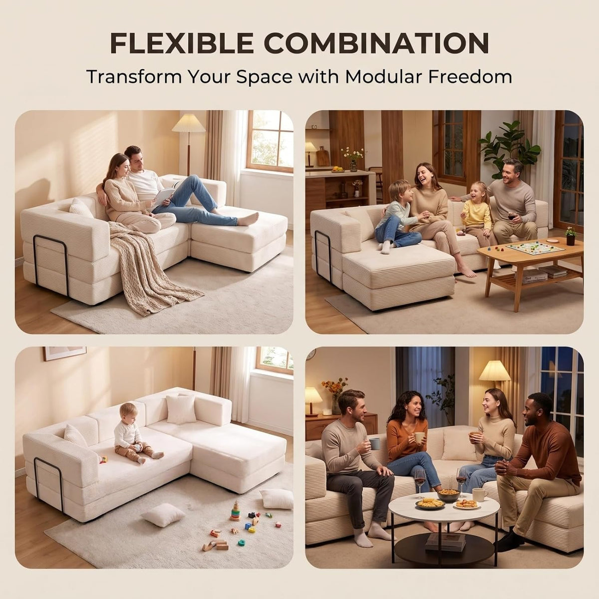 L Shaped Modular Sofa Bed, Modular Sectional Sofa with 8 Movable Cushions