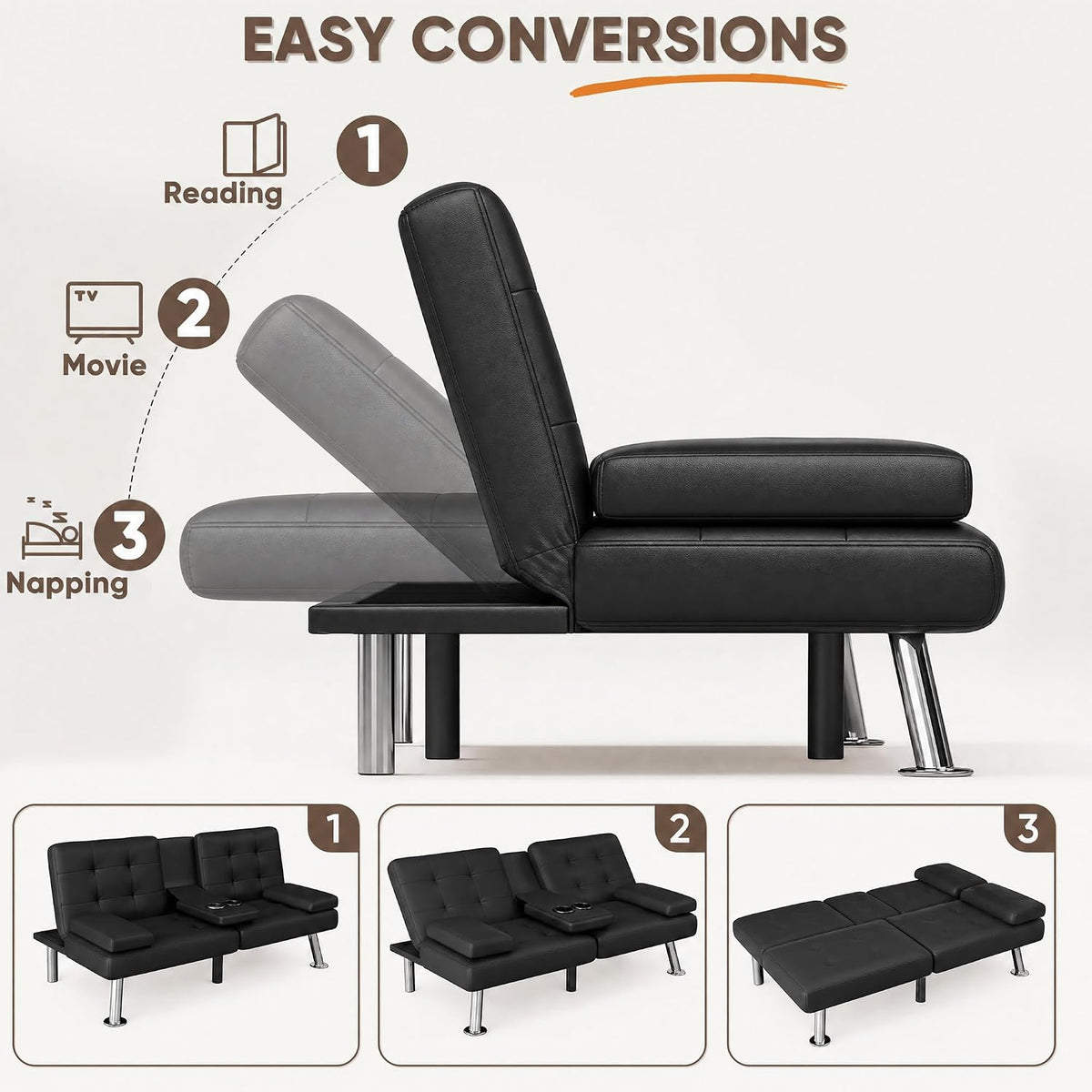 Flamaker Futon Sofa Bed, Black Faux Leather Convertible Loveseat Couch