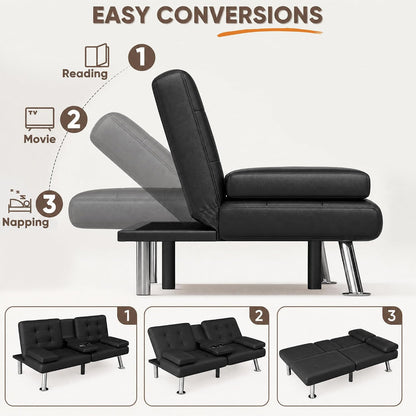 Flamaker Futon Sofa Bed, Black Faux Leather Convertible Loveseat Couch