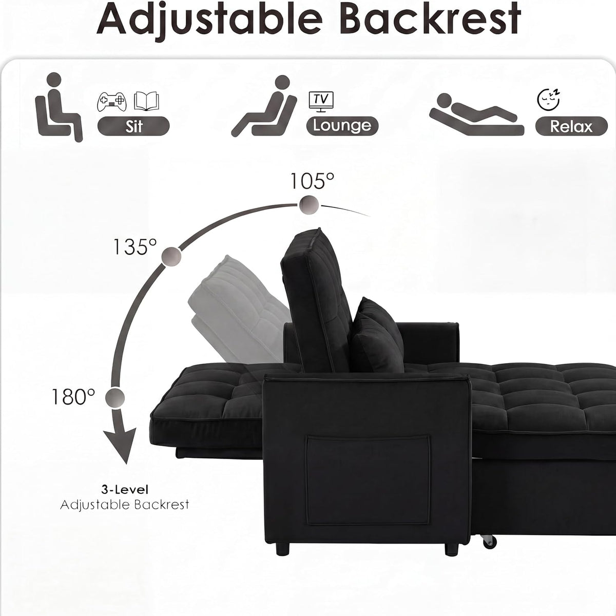 3 in 1 Convertible Sleeper Sofa Bed, 54'' Full Size Velvet Pull Out Futon Couch Recliner with Reclining Backrest & 2 Pillows, Small Loveseat Lounge Couches for Small Spaces (Black)