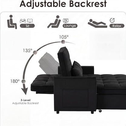 3 in 1 Convertible Sleeper Sofa Bed, 54'' Full Size Velvet Pull Out Futon Couch Recliner with Reclining Backrest & 2 Pillows, Small Loveseat Lounge Couches for Small Spaces (Black)