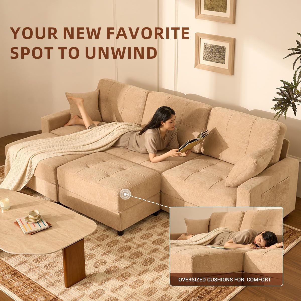 112" U Shaped Modular Cloud Sectional Couch, Waffle Fabric, Oatmeal Beige